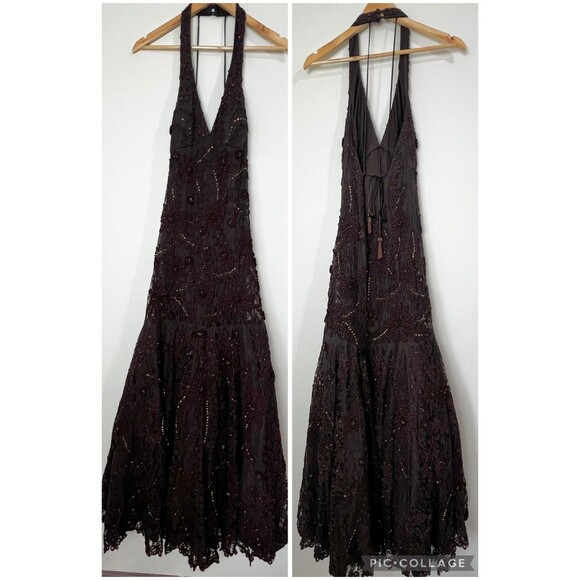 Sue Wong Nocturne Formal Dress Brown Lace Beaded Halter Maxi Size 8 - Picture 14 of 16
